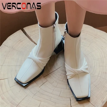 

VERCONAS 2020 Women Ankle Boots Concise Autumn Winter Genuine Leather Shoes Woman High Heels Zip Butterfly-Knot Square Toe Boots