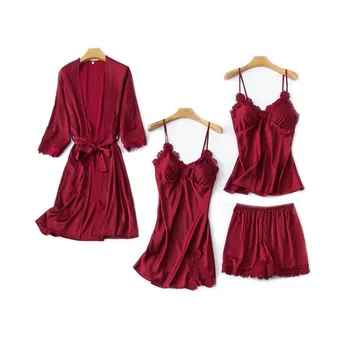 

Ladies Nightgown Spring And Autumn Homewear Comfort Silk Satin Solid Color 4Pcs Set Sexy Lace Sleepwear Elegant Robe For Femme