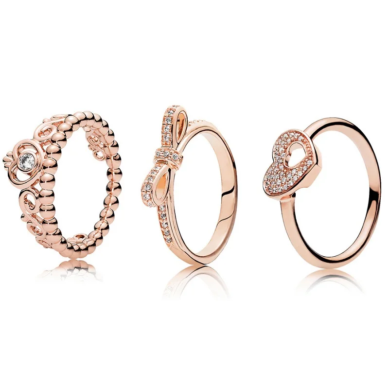 

Valentine's Day Hot Sale 925 Sterling Silver Ring Crown Bowknot Heart Style Rose Gold Color For Women Jewelry