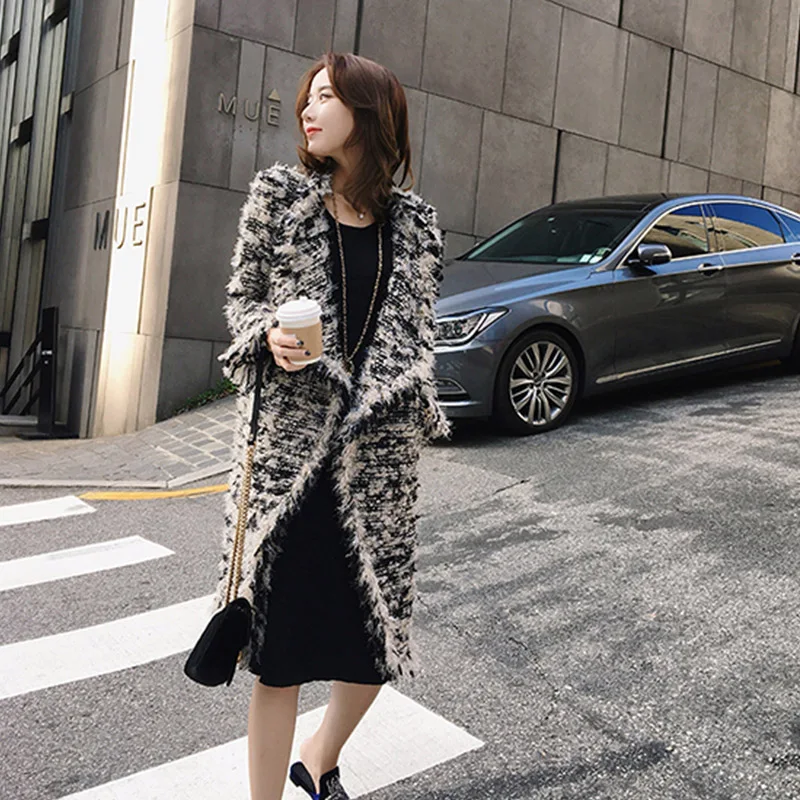 Новое Осеннее зимнее винтажное элегантное шерстяное пальто женское твидовое пальто средней длины размера плюс с бахромой cc981