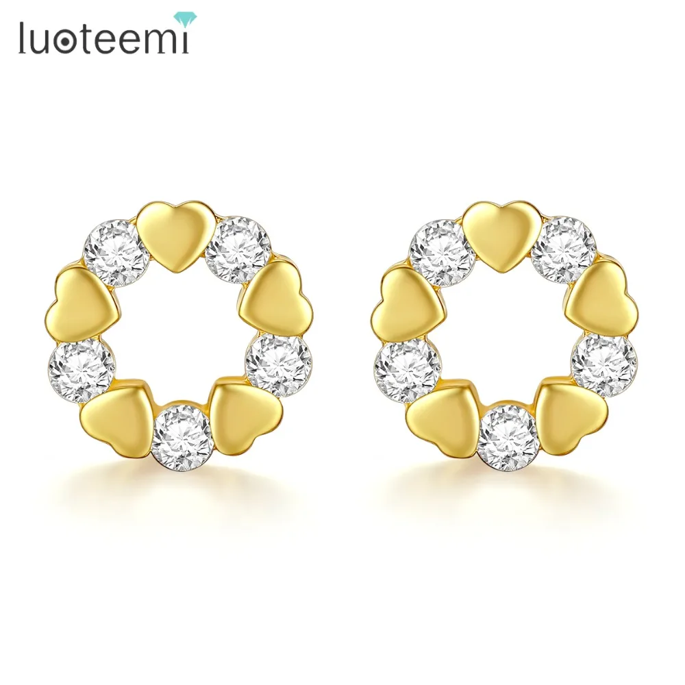 

LUOTEEMI Cute Golden Heart Stud Earrings for Woman Wedding Dating Elegant Shiny CZ Stone Female Aretes De Mujer Christmas Gift
