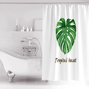

Tropical Leaves Printed Shower Curtains Bath Green Plant White Waterproof Products Cartoon Bathroom Decor with Hooks