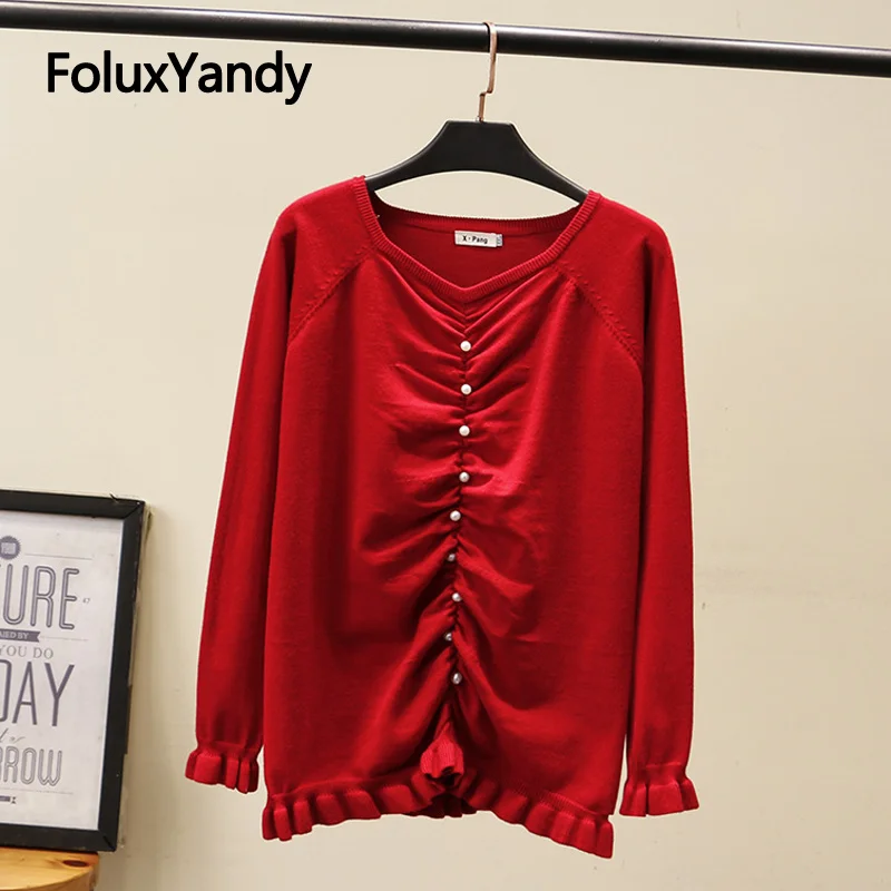 

Embroidered Flares Women's Sweater V-neck Pullovers Plus Size Casual Ruffles Long Sleeve Sweater Red Black KKFY4949