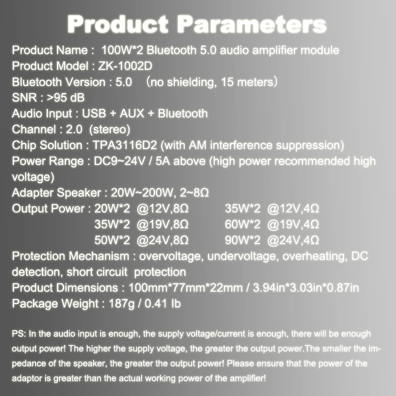 ZK 1002D Bluetooth 5 0 Wireless Stereo o Power Amplifier Board TPA3116D2 100W 100W Car AMP Amplificador Home Theater