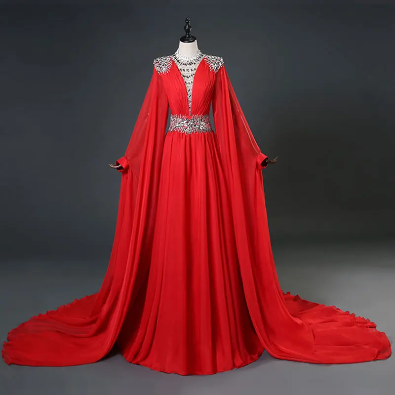 Красное платье с длинными рукавами для сцены, платье с блестящими кристаллами и большим шлейфом, костюм, платья для выпускного, дня рождения, празднования