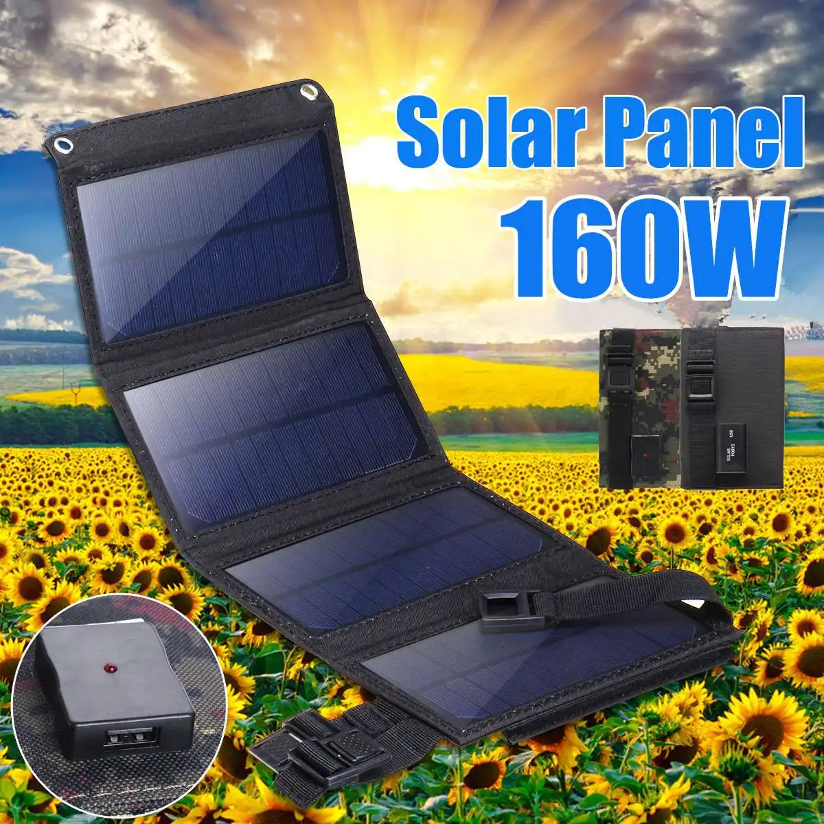 160W Foldable Solar Panel 5V Portable Battery Charger USB Port Outdoor Waterproof Power Bank for