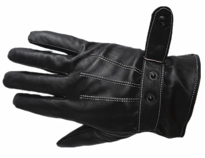 Мужские кожаные перчатки, зимние уличные теплые меховые утолщенные теплые лоскутные перчатки, зимние теплые варежки, полный палец, ручная работа - Цвет: Черный