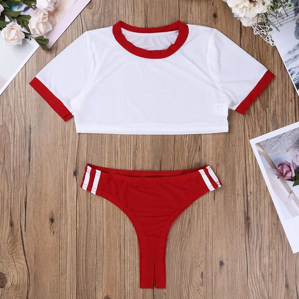 Women's School Girl Sheer Bodysuit Two Pieces Lingerie Set Short Sleeves Sheer Crop Top with Open Crotch Thongs Briefs Underwear women sport swimsuits women swim dresses women bodysuits
