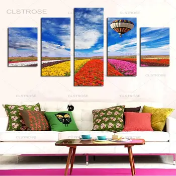

5 Panel Colorful Flowers Hot Air Balloon Canavs Painting Modular Hd Printed Home Decor Canvas Painting Picture for Living Room