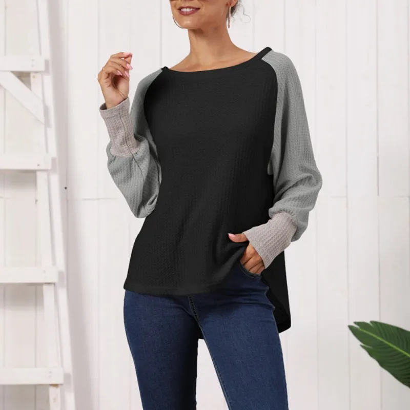 

Women Cashion Short Autumn New Arrive T-shirt Round Neck Loose Stitching Long-sleeved T-shirt Bottoming Shirt Women Colthing