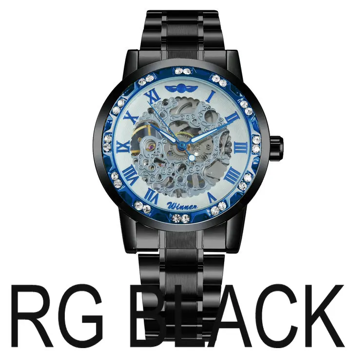 WINNER модные деловые механические мужские часы от ведущего бренда, роскошные часы со скелетонным циферблатом и кристаллами, наручные часы, Лидер продаж - Цвет: RG BLACK