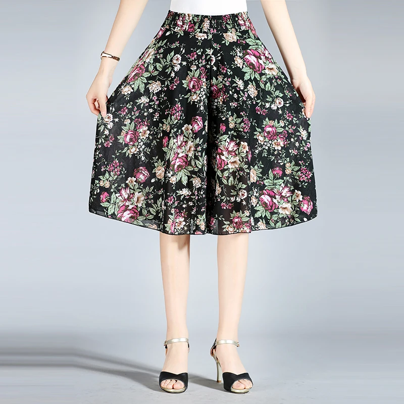 Summer Women Casual Loose Chiffon Elastic Waist Wide Leg Knee Length Skirt Pants Female Lady High Middle Age Mother | Женская одежда