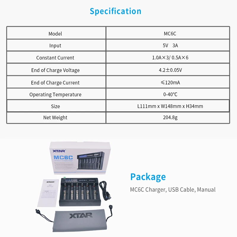 Зарядное устройство XTAR MC6C, умное ЖК-зарядное устройство, 5 В, 3 А, USB кабель, вход постоянного тока, TC, CC, CV, зарядка, 3,6 В, 3,7 в, литий-ионный аккумулятор, 18650