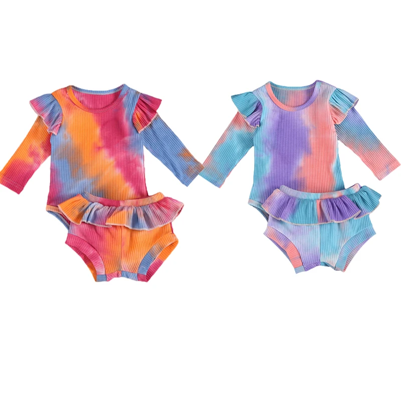 

2 Pcs Newborn Tie-dye Outfits Infant Long Sleeve Round Neck Romper Ruffle Shorts Toddler Baby Girl Clothes Set