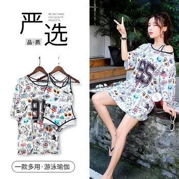 

2019 sexy one shoulder thin chiffon blouse bikini set three piece swimsuit bathing suit swimwear women Show Naked Cover Up