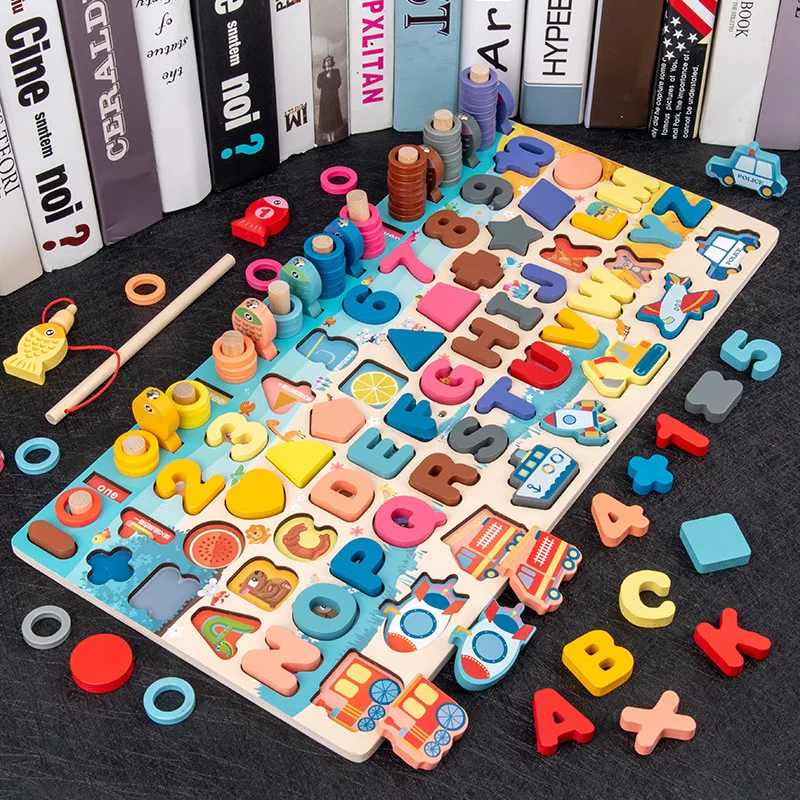 

Macarons Traffic with Numbers Shape Cognitive Six-in-One Fishing Numbers Board Wooden Puzzle Jigsaw Puzzle Educational Toy