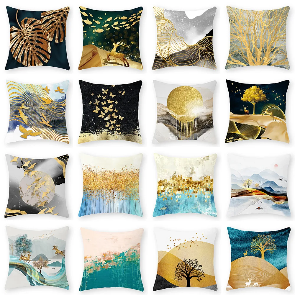 

Golden Landscape Print Cushion Cover 18x18in Elk Tree Monstera Texture Polyester Throw Pillowcase Abstract Art Home Decorations