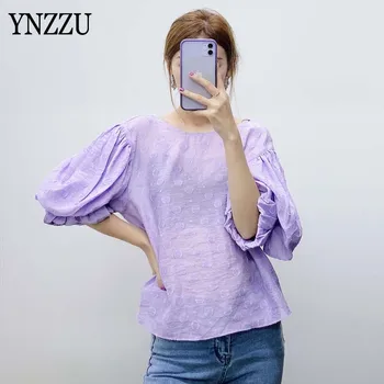 

Elegant Women V-neck Puff sleeve Blouse 2020 New Lilac Jacquard Loose Ladies Tops shrit Sexy Sheer Party Summer Chic YNZZU YT872