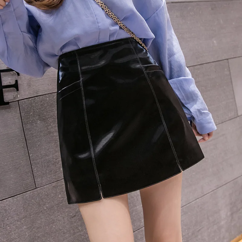 

High-waisted Slit Bright Skin A- line Skirt Women's Photo Shoot 2019 Autumn And Winter New Style Versatile Slim Fit PU Leather S