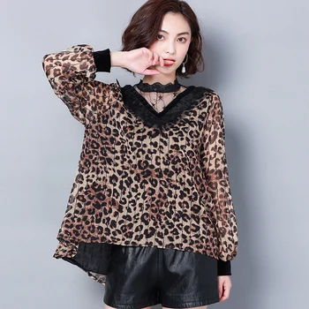 

Mesh Chiffon Spliced Tops 2020 New Plus Size Women's Leopard New Long Sleeve V-Neck Women's Blouses Shirt Chiffon Shirt 91A