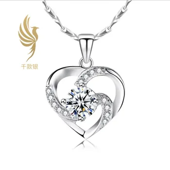

Simple Heart-Shaped Pendant Crystal Zirconium Clavicle Chain Plated S925 Silver Diamond Sapphire Necklace Female