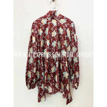 

2020 new style bow tie flower print hammer floss satin blouse High quality women's 100% silk casual loose shirt top