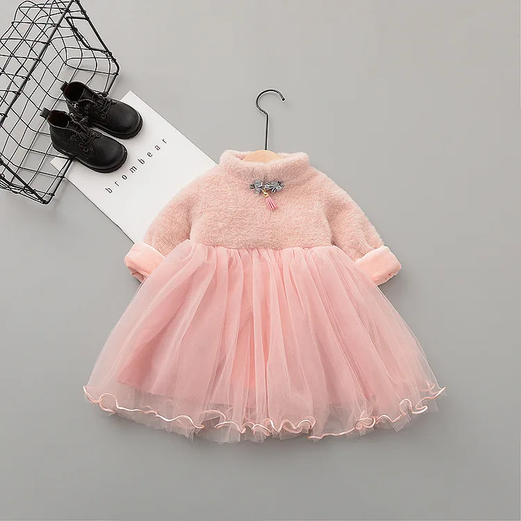 

New Fall Winter Solid Baby Dress Vestido Infantil Sweet Little Girl Westernized Winter Dress Princess Fur Overcoat Outwear Gift