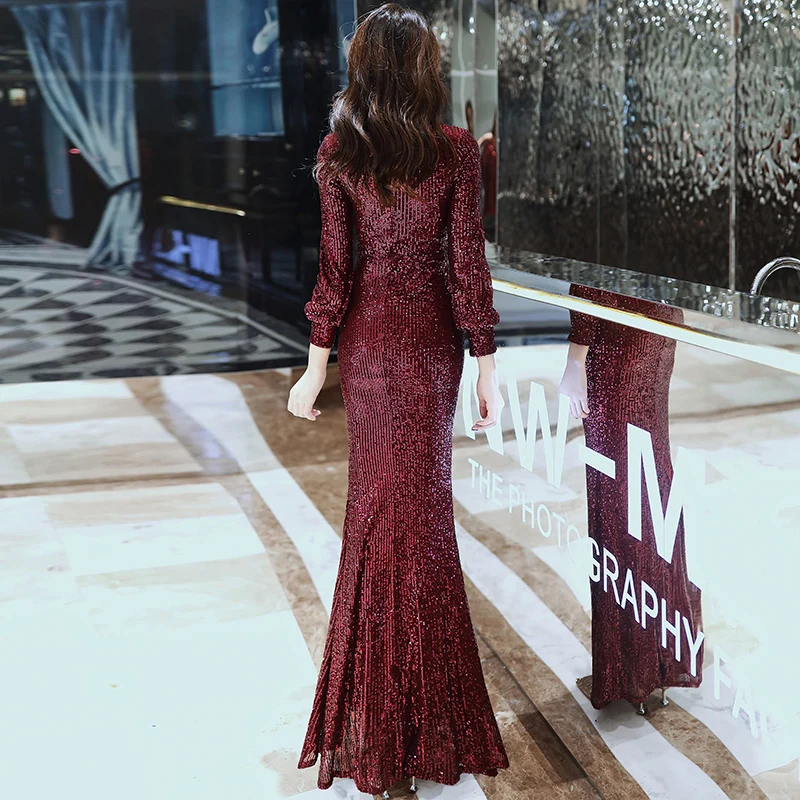 Это Yiiya вечернее платье для женщин, Серебряное блестящее платье, элегантное платье с разрезом и длинным рукавом, длинное вечернее платье русалки K062