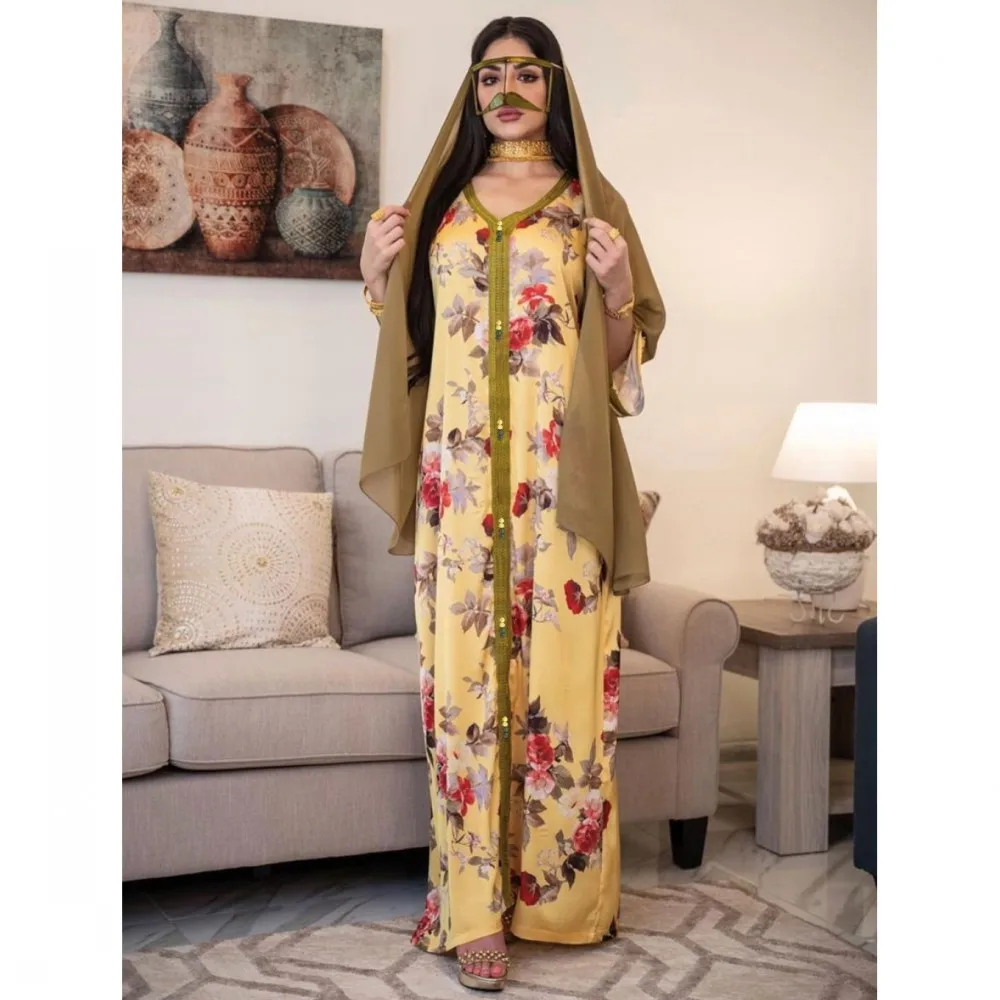 Ladies Turkey Muslim Long Dress Middle East Ramadan Dress Printed Long Sleeve Dress 2021 Spring Autumn New Leisure Dubai Abaya