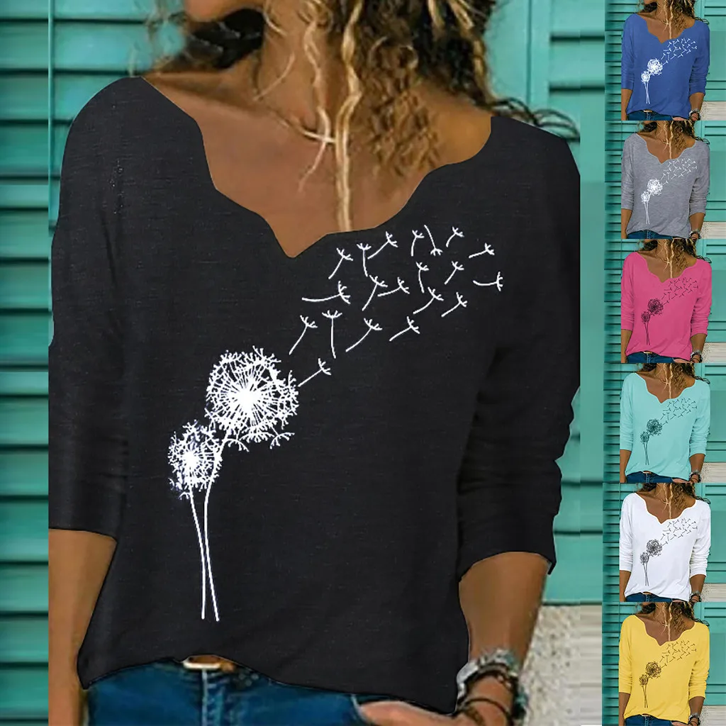 35# Oversized T Shirt Ladies Woman Tshirts Long Sleeve Dandelion Print Women Clothes V-neck Pullover Tops женские футболки |