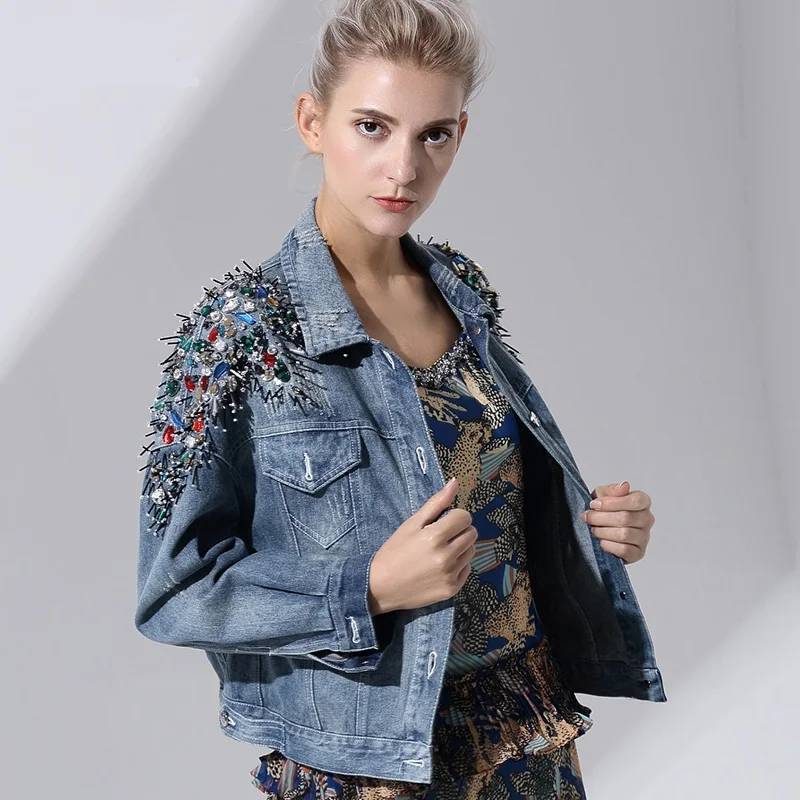 

Fashion 100% cotton diamond beading cowboy jacket European station Vintage single breasted denim windbreaker jacket wq2534