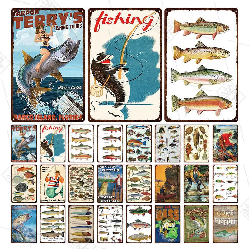 

Fishing Metal Sign Fishing Site Doorplate Fish Type Metal Tin Plate Plaque Bar Wall Sticker Fishing All Day Farm Home Decoration