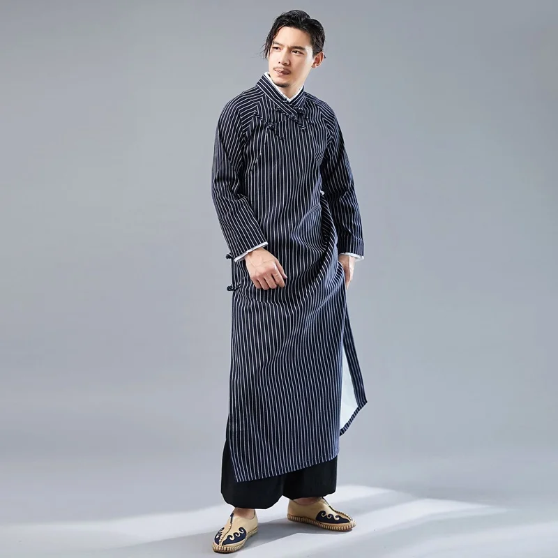 Китайский традиционный костюм Тан длинный винтажный халат Восточный этнический Hanfu для мужчин Qipao платье со стоячим воротником Vestido мужской Cheongsam KK3107