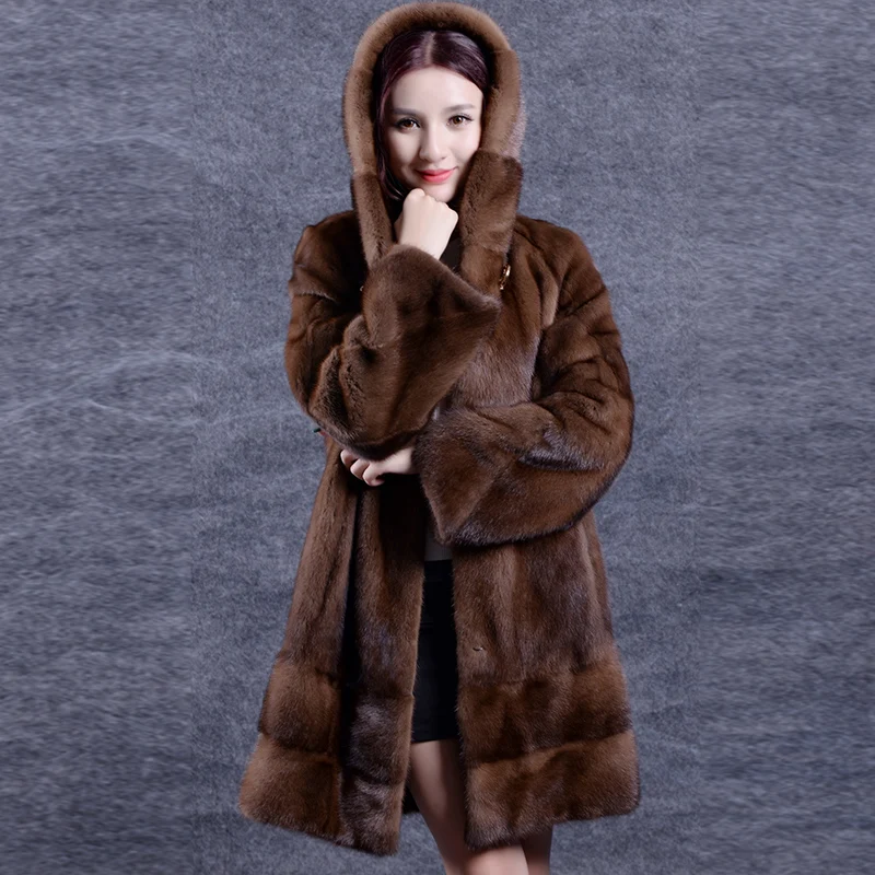 2019 inverno nova todo vison casaco de pele das mulheres longa sechau moda simples com capuz quente grosso v | Женская одежда