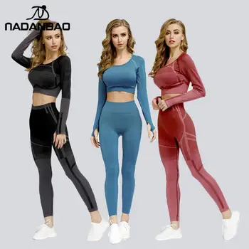 

NADANBAO Fashion Seamless Women Suits Long Sleeve Tops With Leggings Sets Fitness Pants Running Sporting Wear PUSH UP Leggin