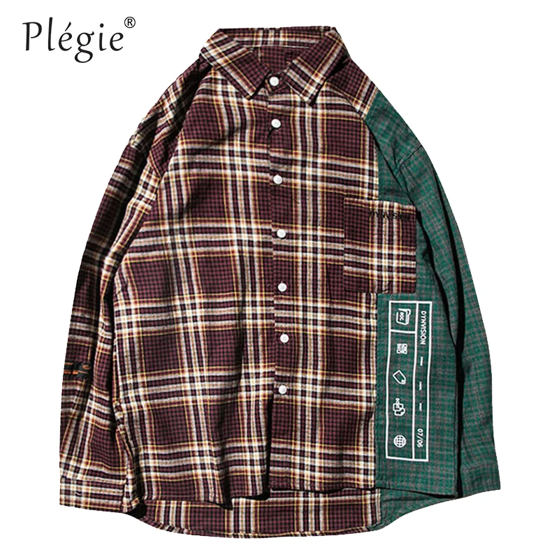 

Plegie Patchwork Check Shirt Long Sleeve Vintage Loose Hip Hop Checked Casual Plaid Shirt Streetwear Mens Harajuku Clothing