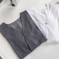 2019 летняя Корейская версия рубашки с v-образным вырезом и пышными рукавами Женская свободная простая Однотонная рубашка Rk
