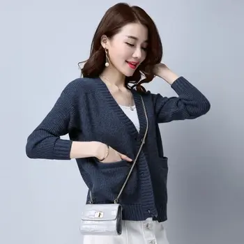 

autumn spring women sweater short knitted cardigan v neck solid color office full sleeve