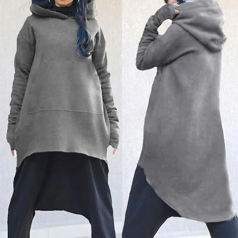 Plus Size Hoodies Celmia Women Asymmetrical Sweatshirts Winter Casual Solid Long Sleeve Pullover Pockets Hooded Tracksuits