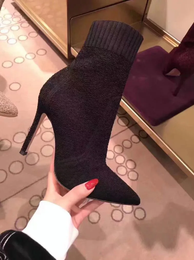 Ins/модные сапоги с острым носком; эластичные вязаные женские сапоги на высоком каблуке; коллекция года; дизайнерские ботинки для женщин; зимняя обувь; P223 - Цвет: black 8cm for winter
