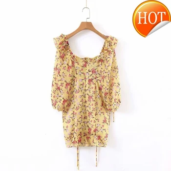

Dress 2020 Summer Boho Floral Print Dress Women Sexy Lace Up Bow Yellow Dress Female Casual Korean Clothes Party Dress Vestidos