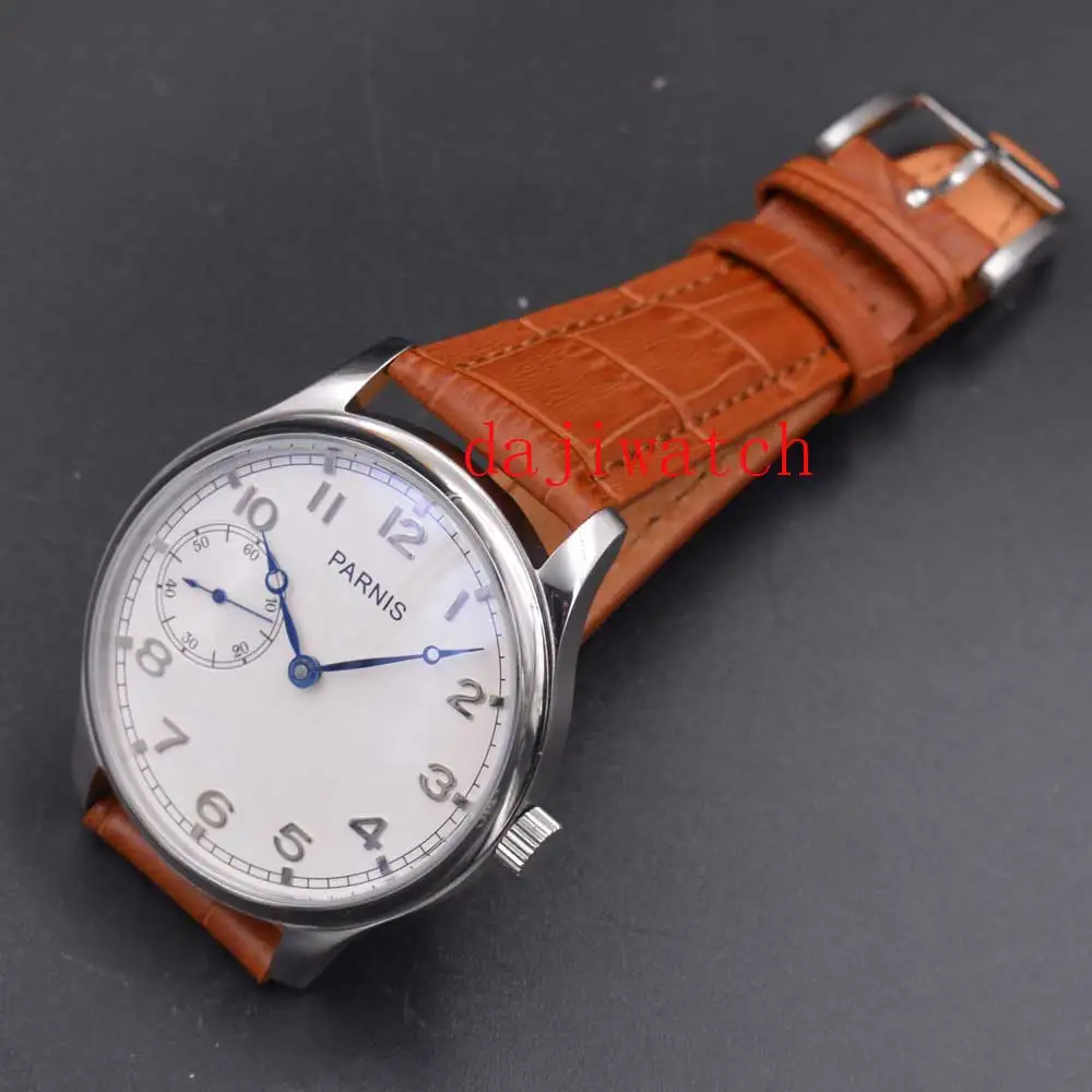 Parnis 44 мм белый указатель набора номера синий 6497 обмотки Движение Мужские t мужские часы 22 мм коричневый кожаный ремешок