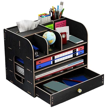 

HOT SALE Desk Organiser, Desktop Organizer Wooden with Drawer Pen Pencil Holder Storage Box for Desk Office (Black)