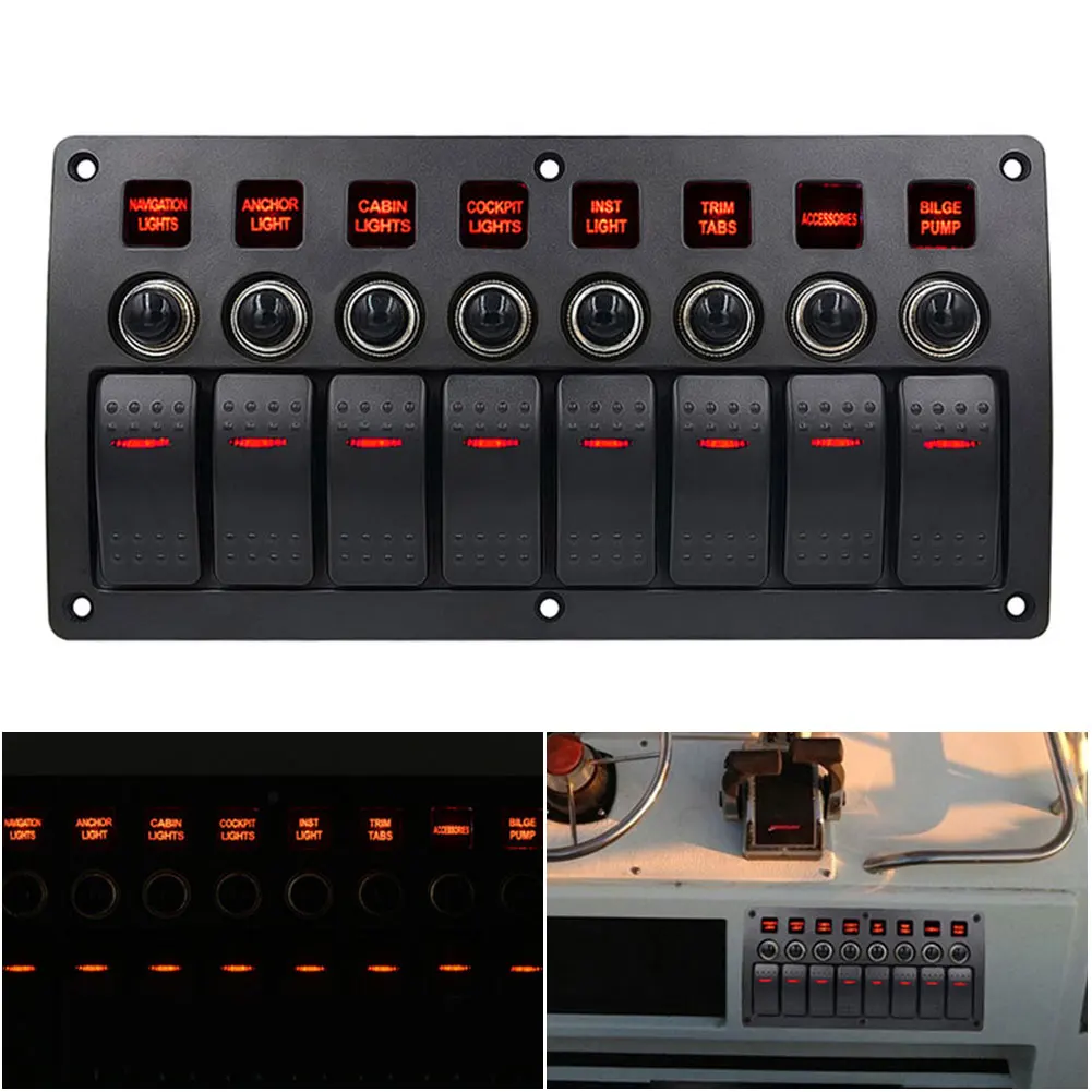 

12V 24V 8 Gang 3Pin Boat Switch Panel Waterproof Yacht LED Light Circuit Breaker Universal Auto Marine Rocker Car