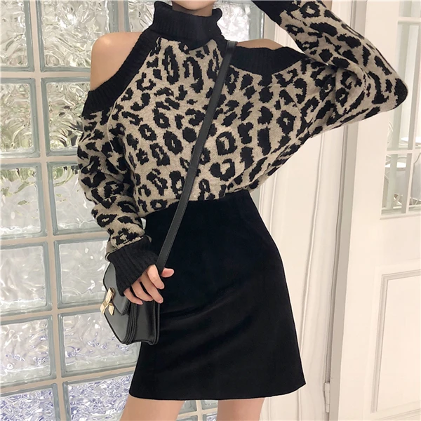 black sweater RUGOD винтажный свитер с леопардовой раскраской Женские Элегантные вязаные свитера с высоким воротом с открытыми плечами женский модный тонкий пуловер - Цвет: black sweater