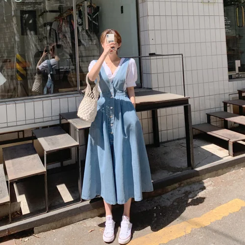 RUGOD корейский шик одно-breasred джинсовое платье модное без рукавов линия Высокая талия джинсы Midi платья vestidos элегантное платье