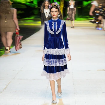 

Autumn Winter High Waist Blue Velvet Lace Vintage Dress Women Long Sleeve Three Multi-Layers A-Line Retro Empire Style Dresses