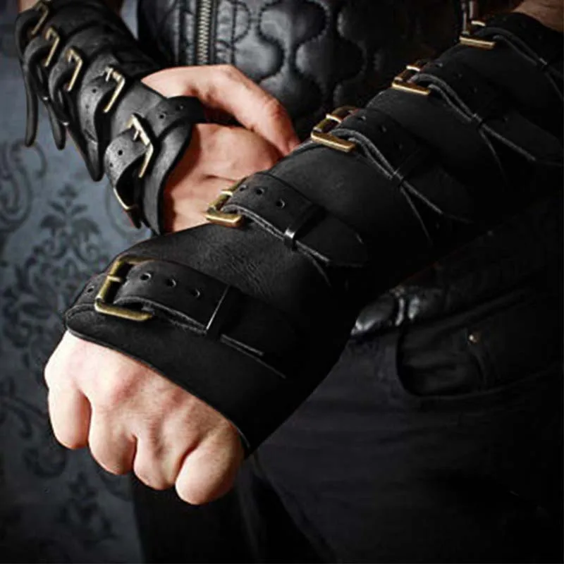 Средневековый рыцарский нарукавник, наручный браслет с пряжкой, бронежилет для взрослых, наручный браслет Archer Gauntlet, костюм, Экипировка, кожаный чехол для мужчин - Цвет: Black one pair