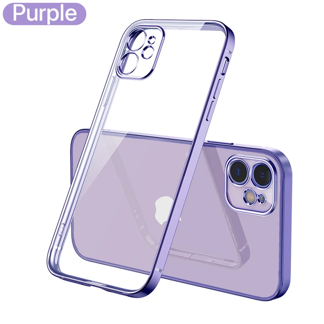 Luxury Transparent Square Frame Plating Case for iPhone 13 12 11 Pro Max Mini iPhone X Xs Xr 7 8 Plus SE 2020 Soft Clear Cover Purple
