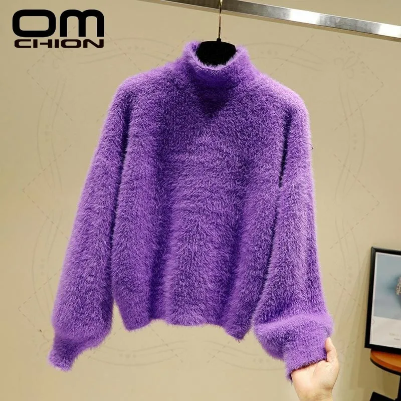 OMCHION Pull Femme 2021 Winter Turtleneck Faux Mink Cashmere Women Sweaters And Pullovers Korean Thick Knit Short Sweater LMY154 | Женская